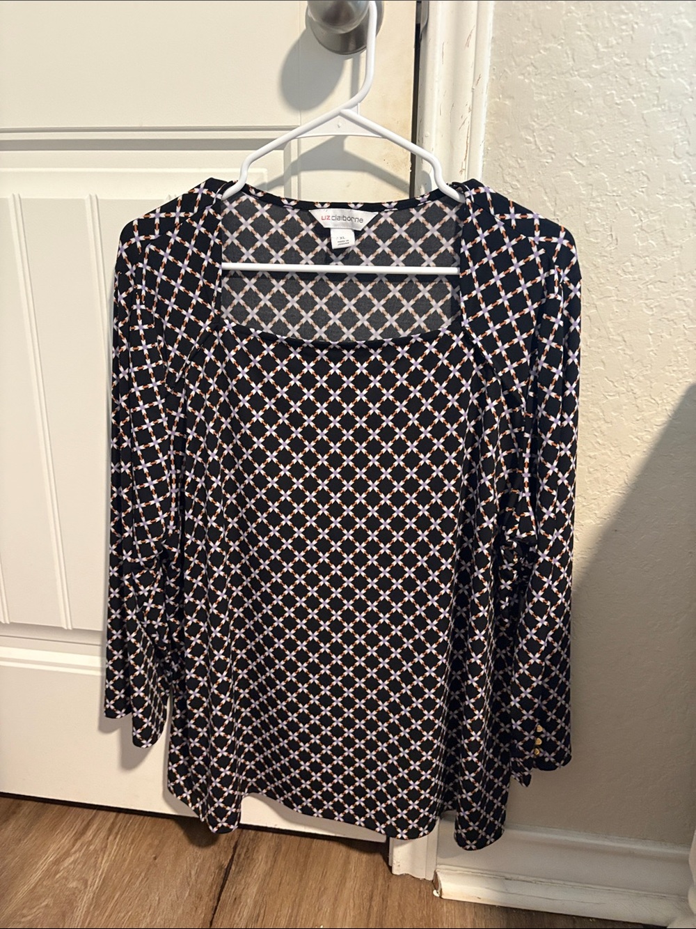 Liz Claiborne Black Top with Cream Lattice Print